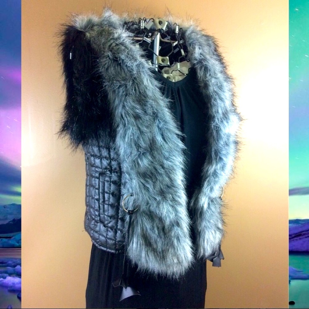 Black Gray Faux Fur Quilt Square Stitched Vest Jacket Winter Streetwear Chic